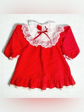 VTG 80s Toddler Red Swiss Dot Lace Collar Dress 3T 4T Sweet Treats Cottage EUC
